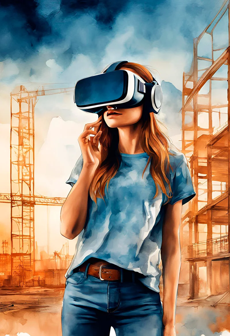 Estudiante con gafas de realidad virtual en instalación de construcción